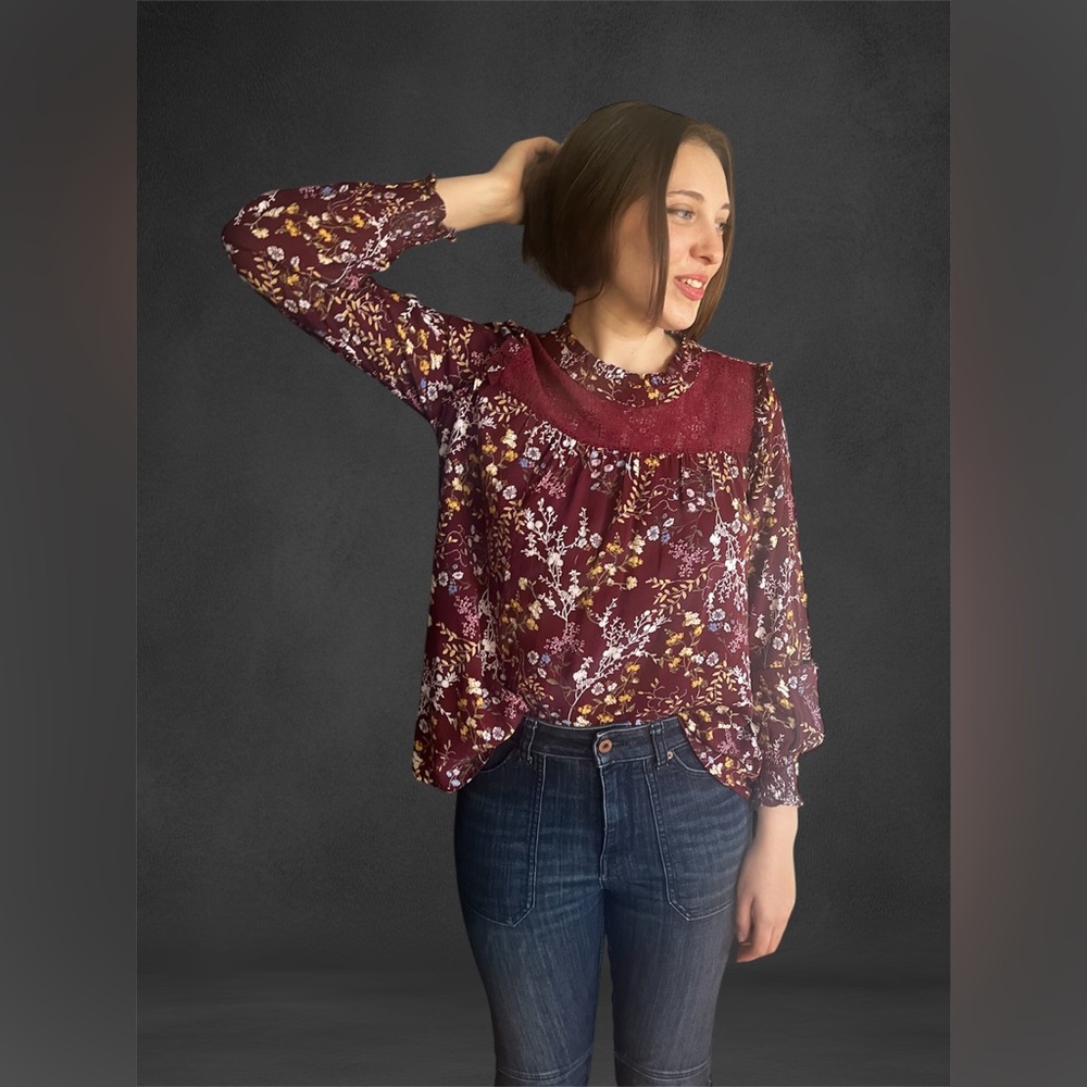 Romantic Womens Top Burgundy Floral Lace Poet Sleeves Sz S/M Free People Style